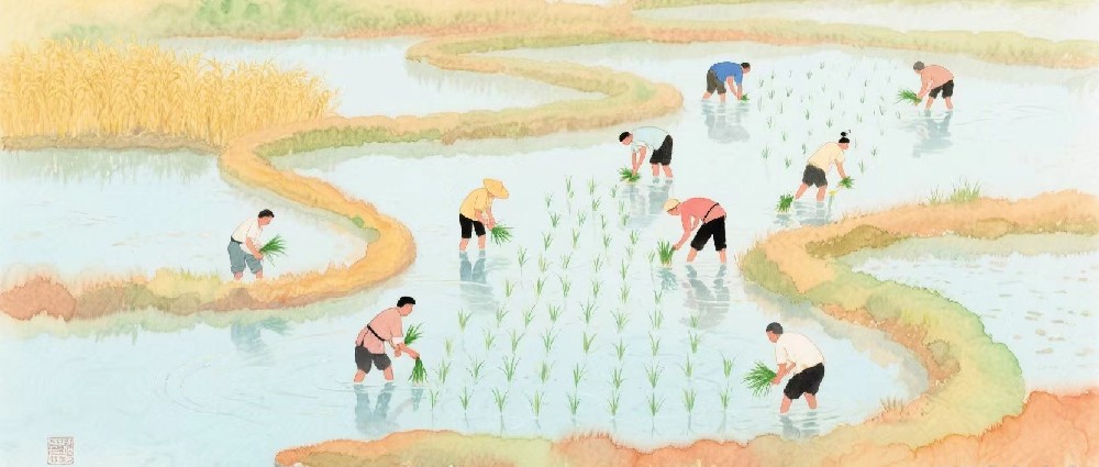 每日一聯(lián)：鐮影飛時(shí)收金浪，秧歌起處布綠云
